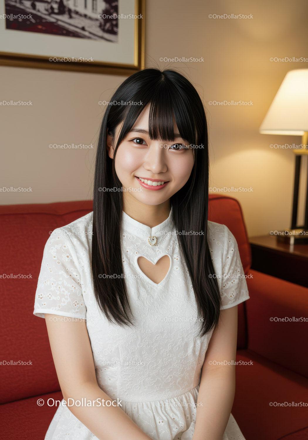Young Woman Smiling in White Dress Sitting on Red Couch Indoor