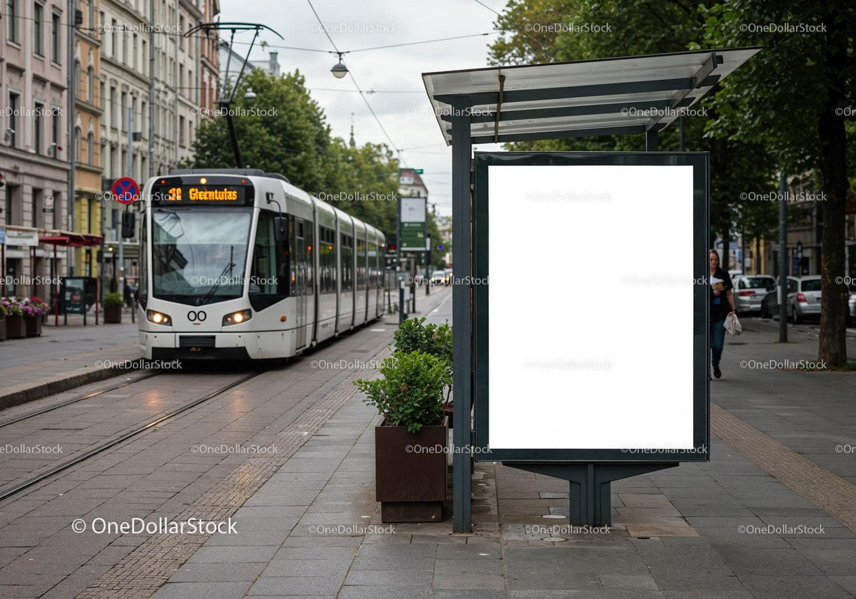 Modern tram arriving at urban bus stop with blank billboard JPG Mockup Image preview