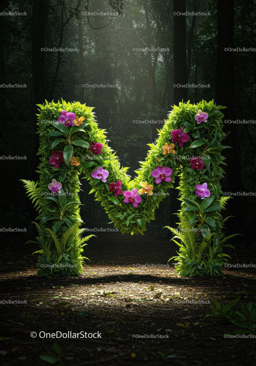 Letter M Formed by Lush Green Plants and Orchids