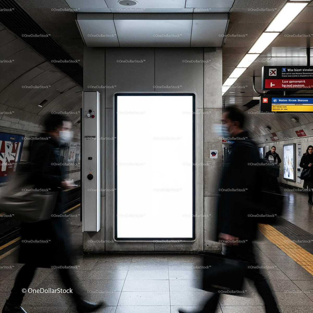 Blurred commuters walking past blank subway advertisement JPG Mockup Image preview
