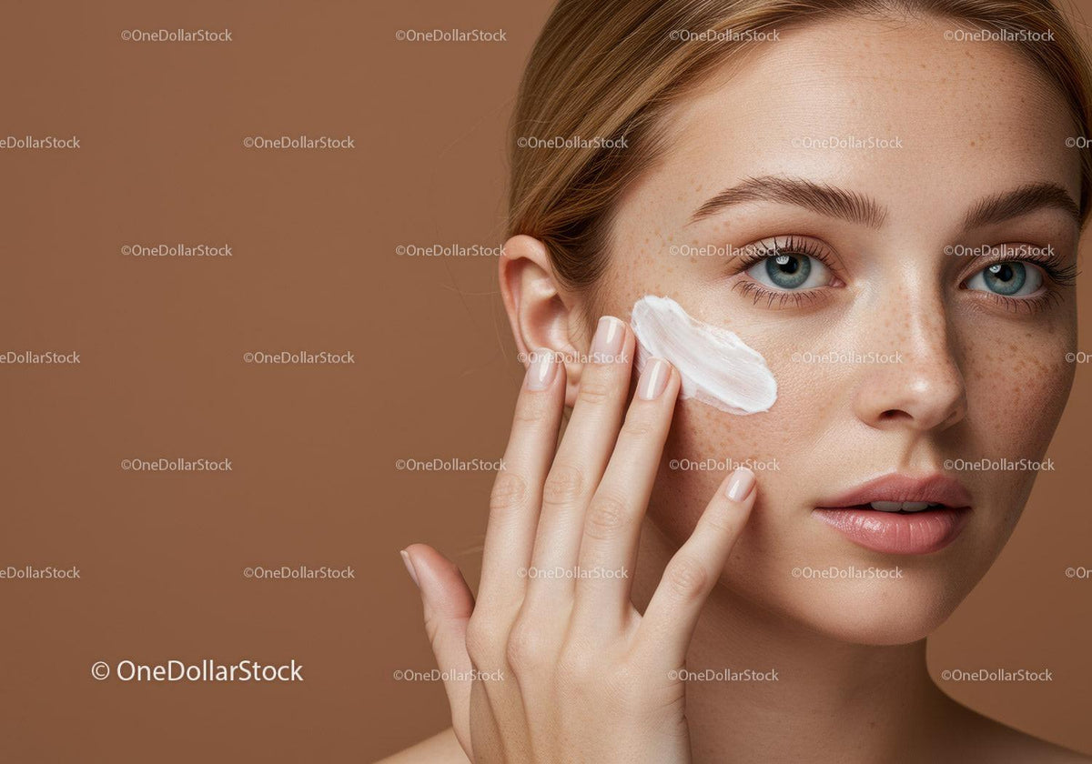 Close-Up of Woman with Freckled Skin Applying Cream for Skincare Routine