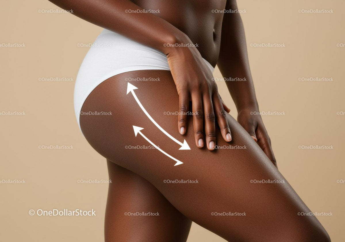 Elegant Portrait of Woman Touching Thigh with Skin Highlights