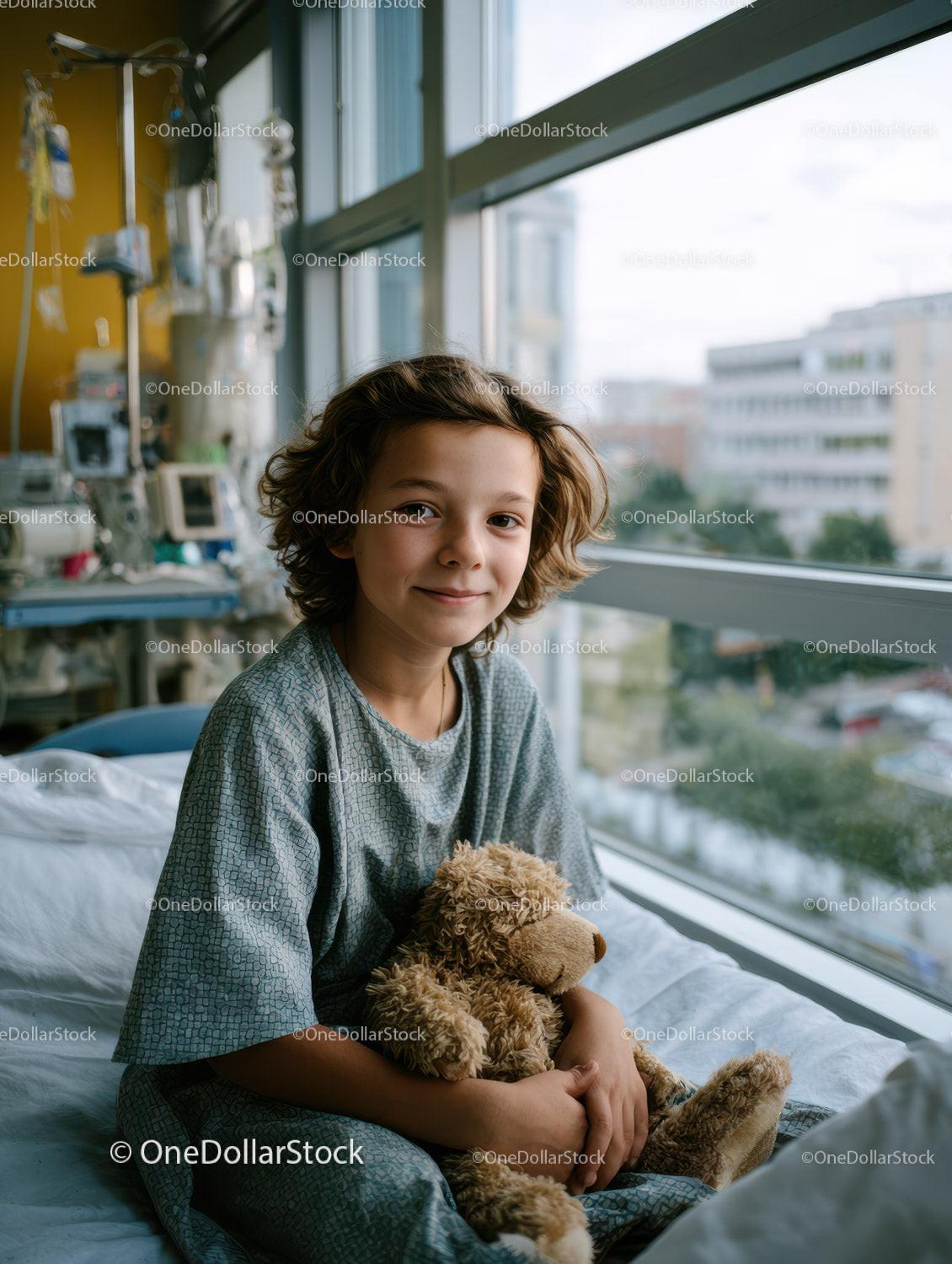 Smiling Girl Holding Teddy Bear in Hospital Room with Window View