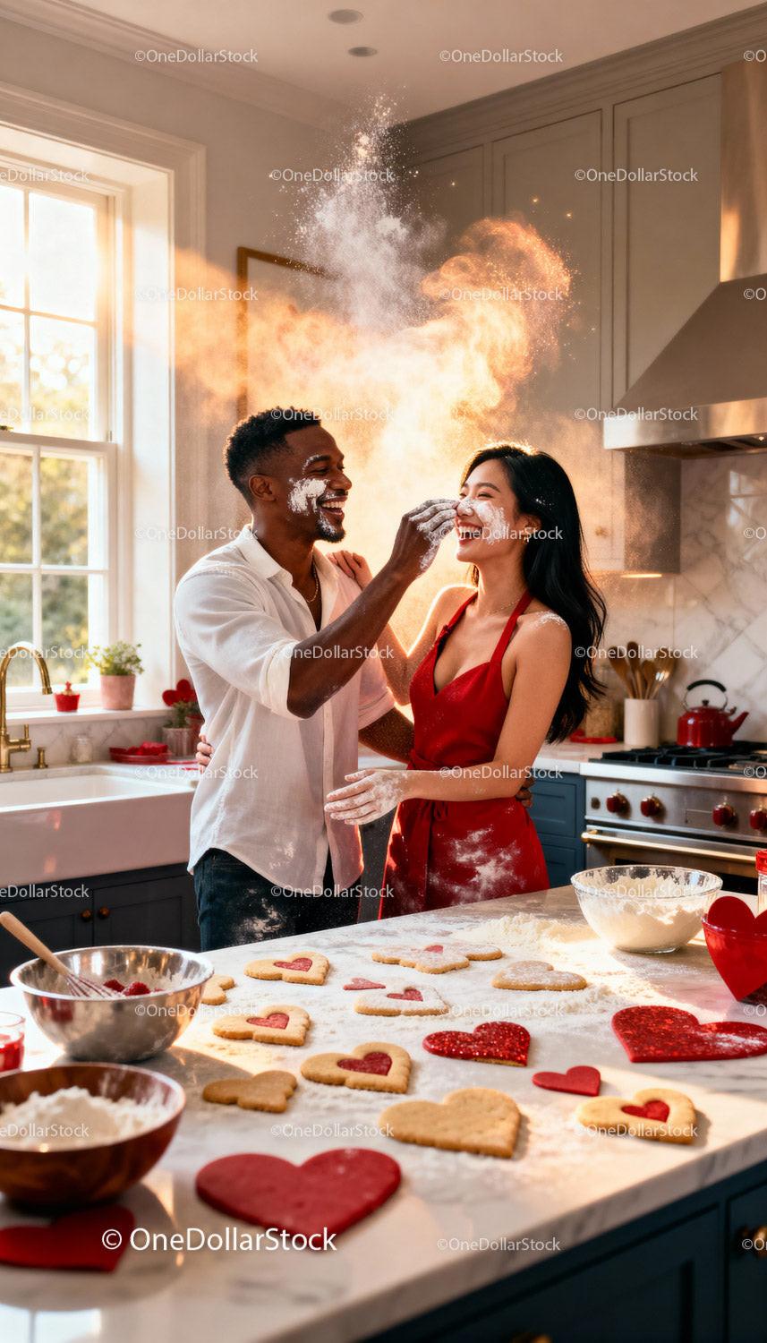 Couple Playfully Baking Heart Cookies Together