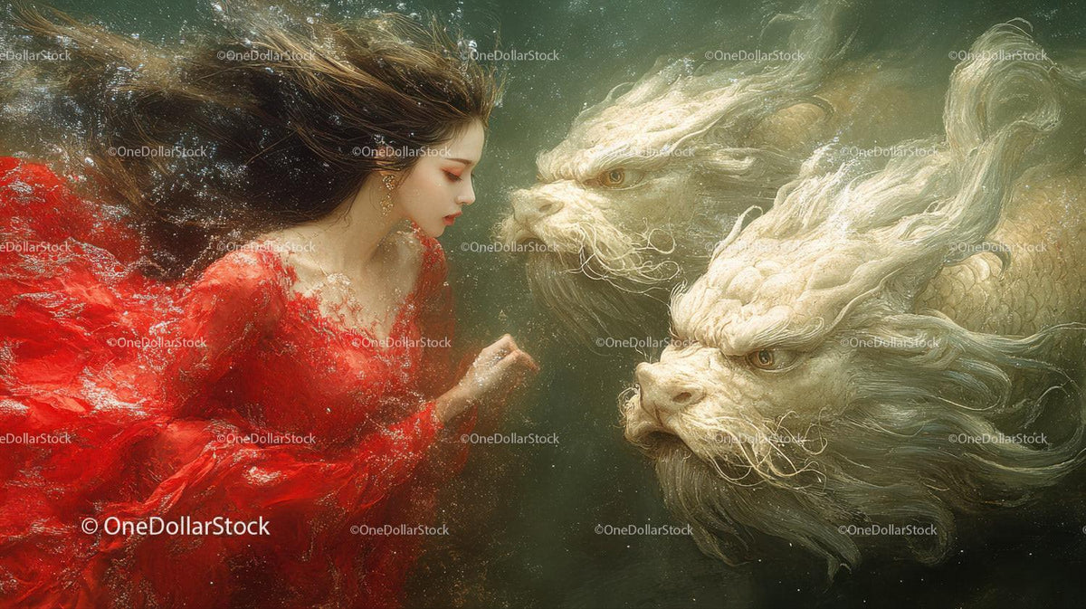 Woman in red dress underwater facing two golden dragon heads with flowing hair