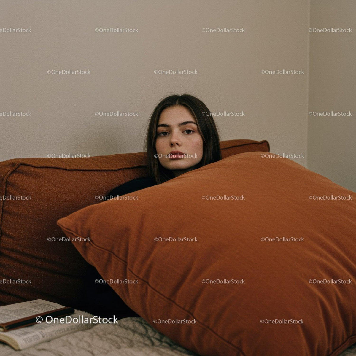 Young Woman Resting with Orange Cushions on Sofa in Cozy Interior