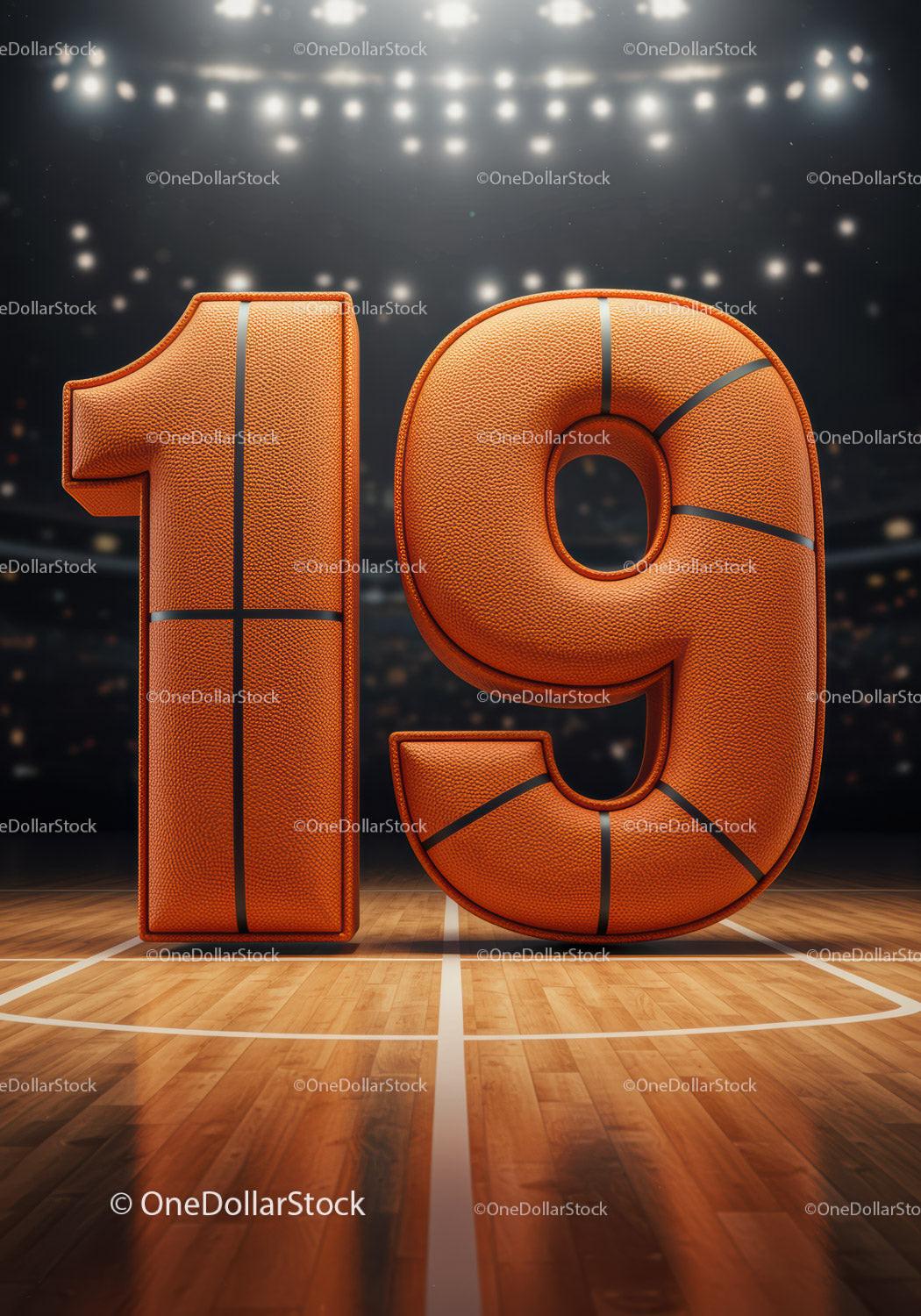 Number 19 shaped like basketball on court floor