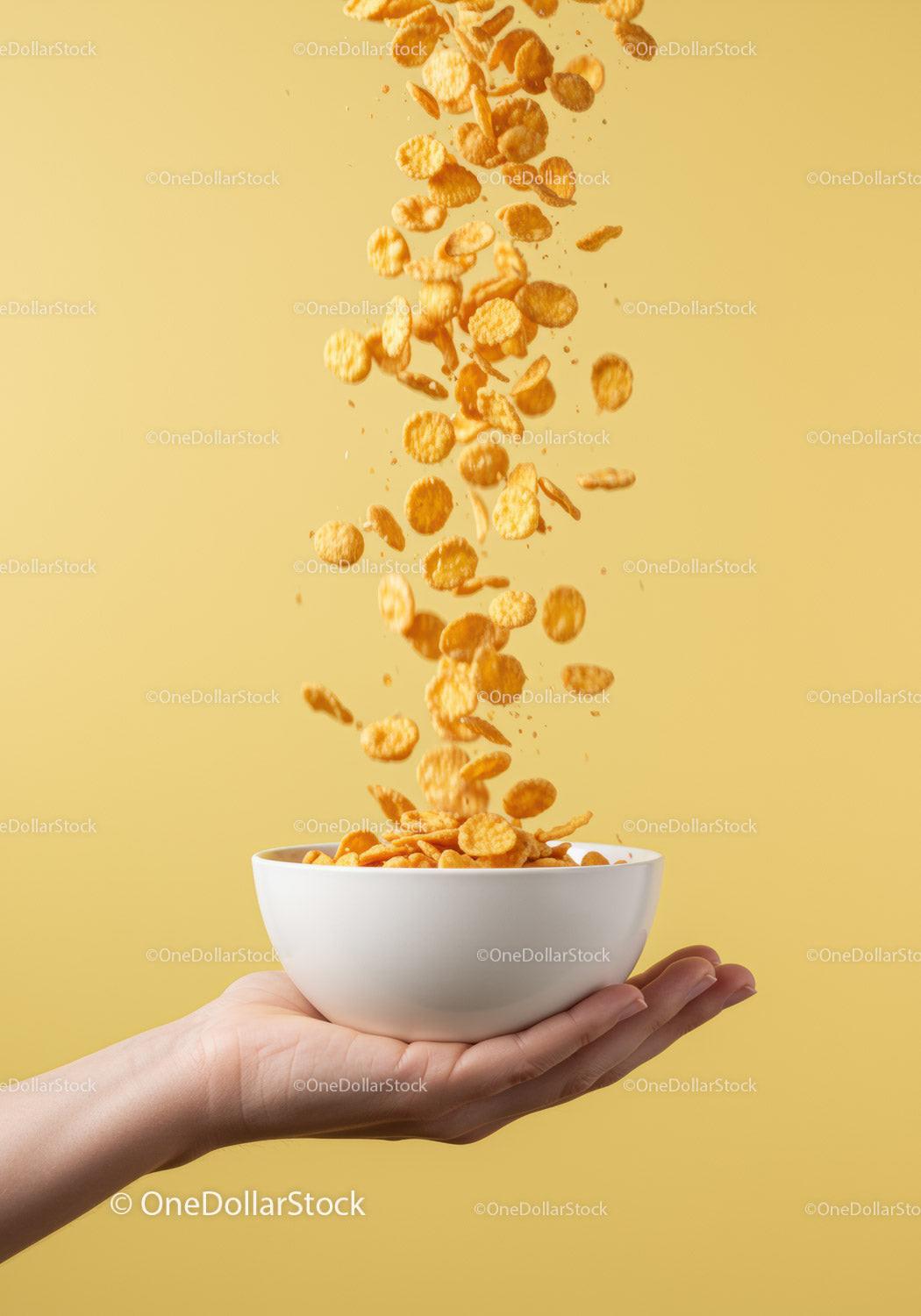 Hand Holding Bowl with Falling Cornflakes Breakfast