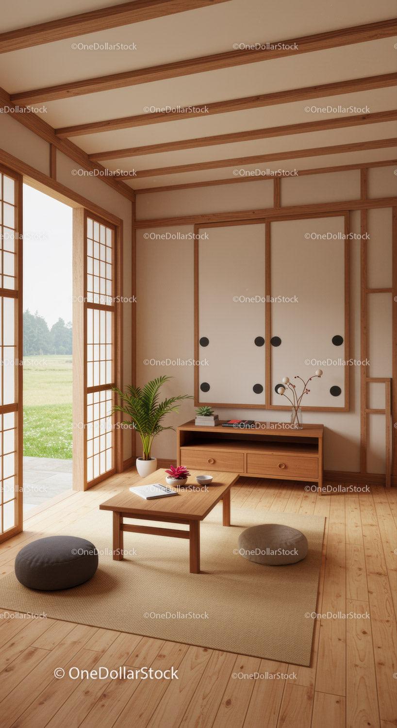 Japanese Style Interior with Wooden Accents and Shoji Screens