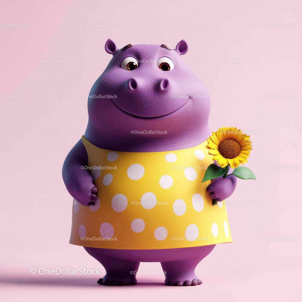 Cute Cartoon Hippo Holding Sunflower in Yellow Dress for Kids Illustration Stock Photo Bundle preview 53