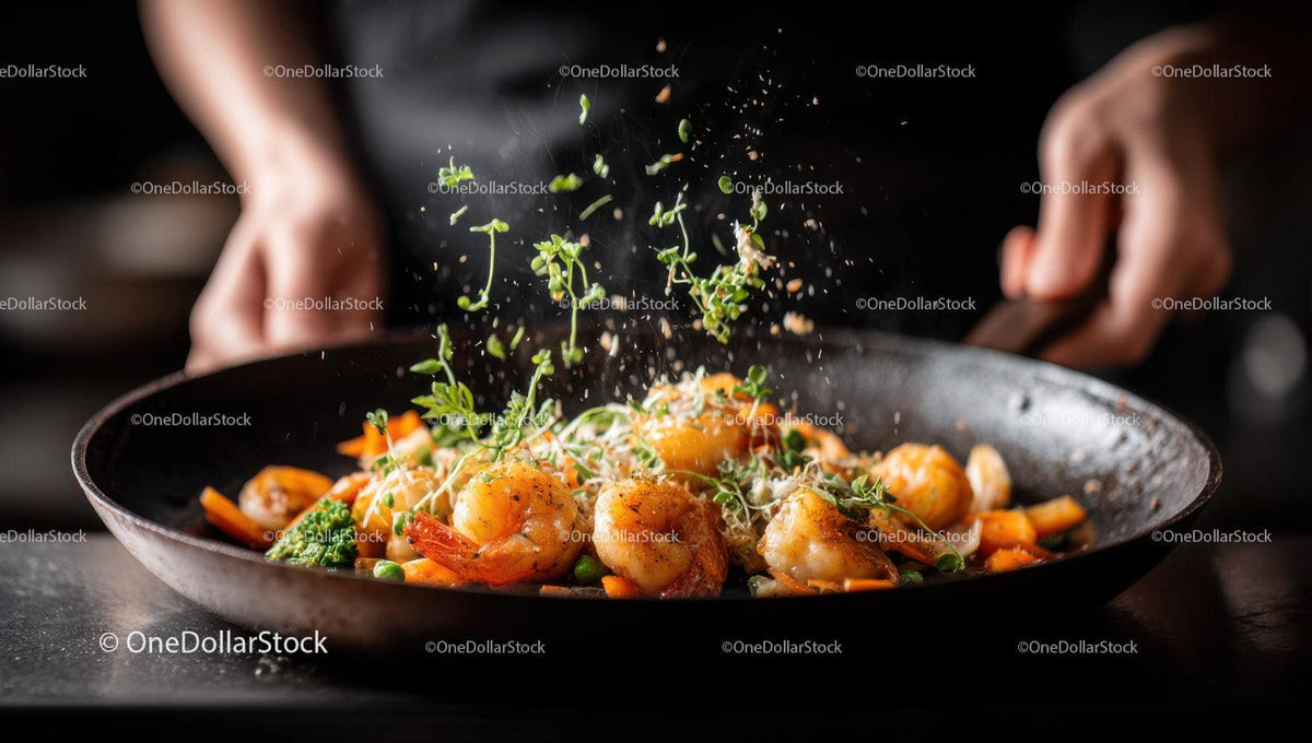 Seafood Stir-fry with Shrimp and Fresh Vegetables in Hot Pan
