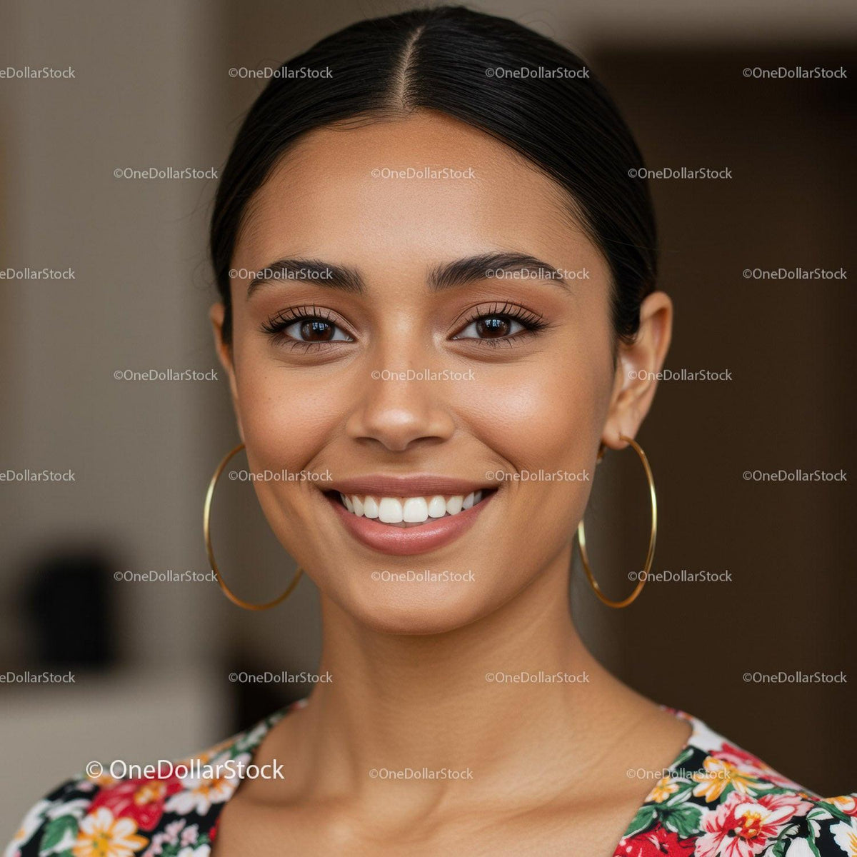 Portrait of a Beautiful Smiling Woman with Bright Eyes and Elegant Style