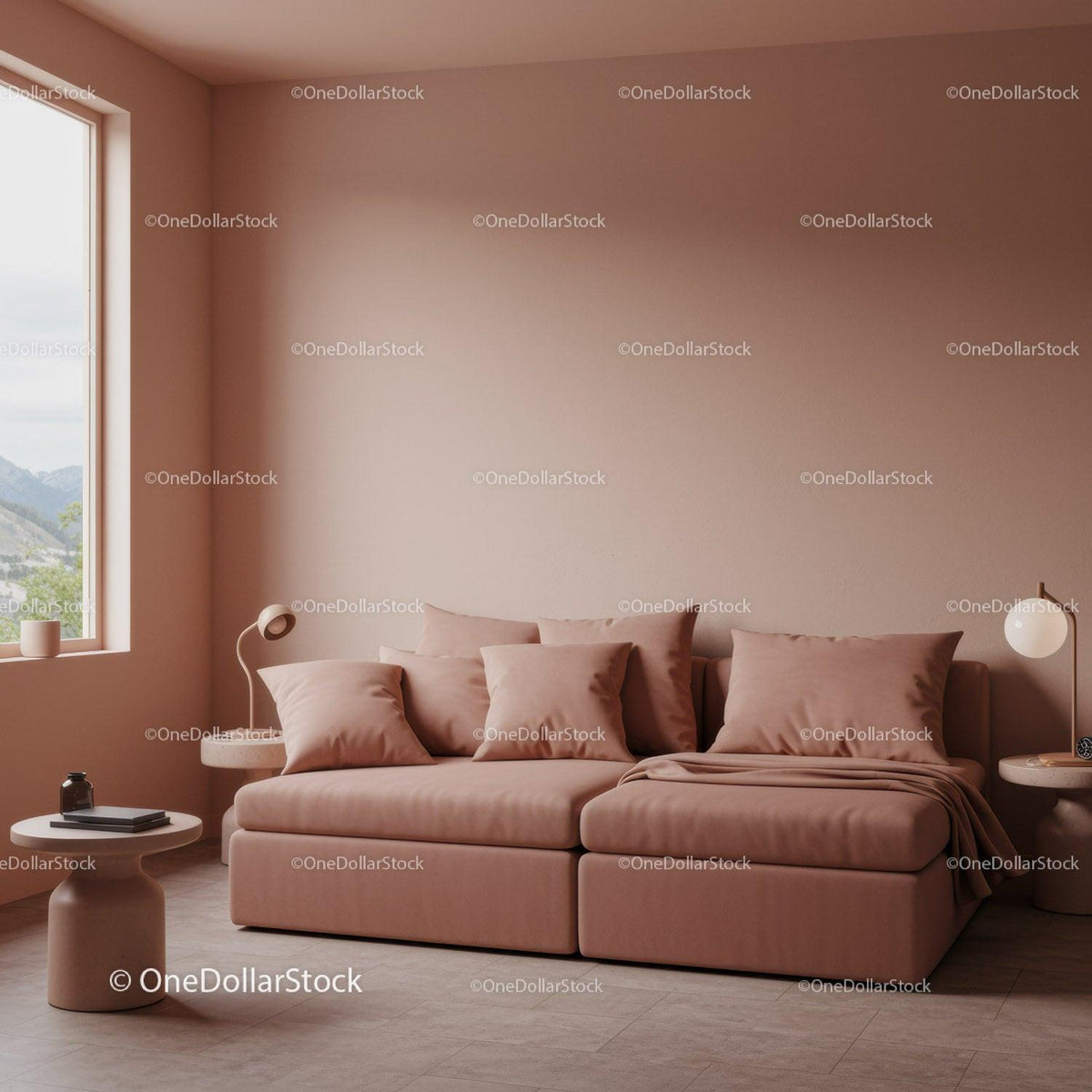 Beige Upholstered Sofa with Cushions in Modern Minimalist Living Room
