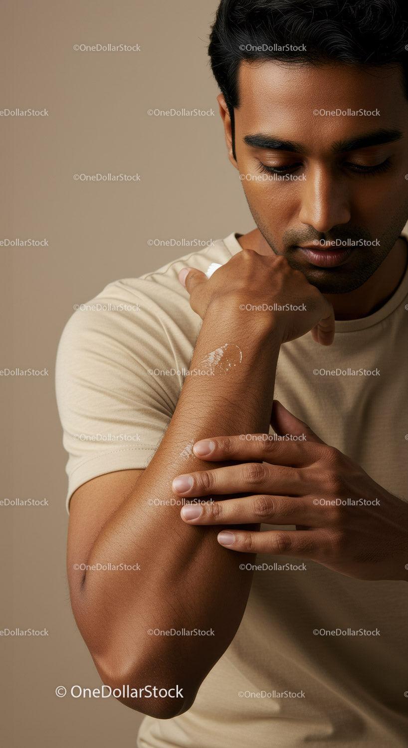 Young Man Applying Lotion to Skin for Healthy Skincare Routine