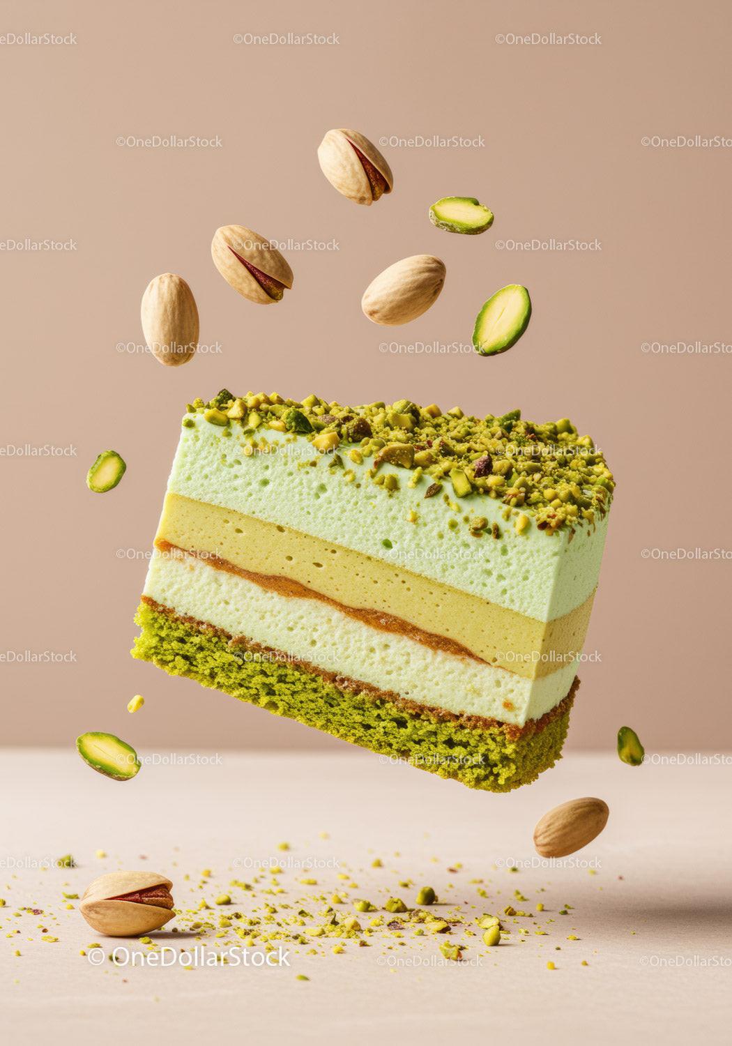 Delicate pistachio mousse cake slice with nuts