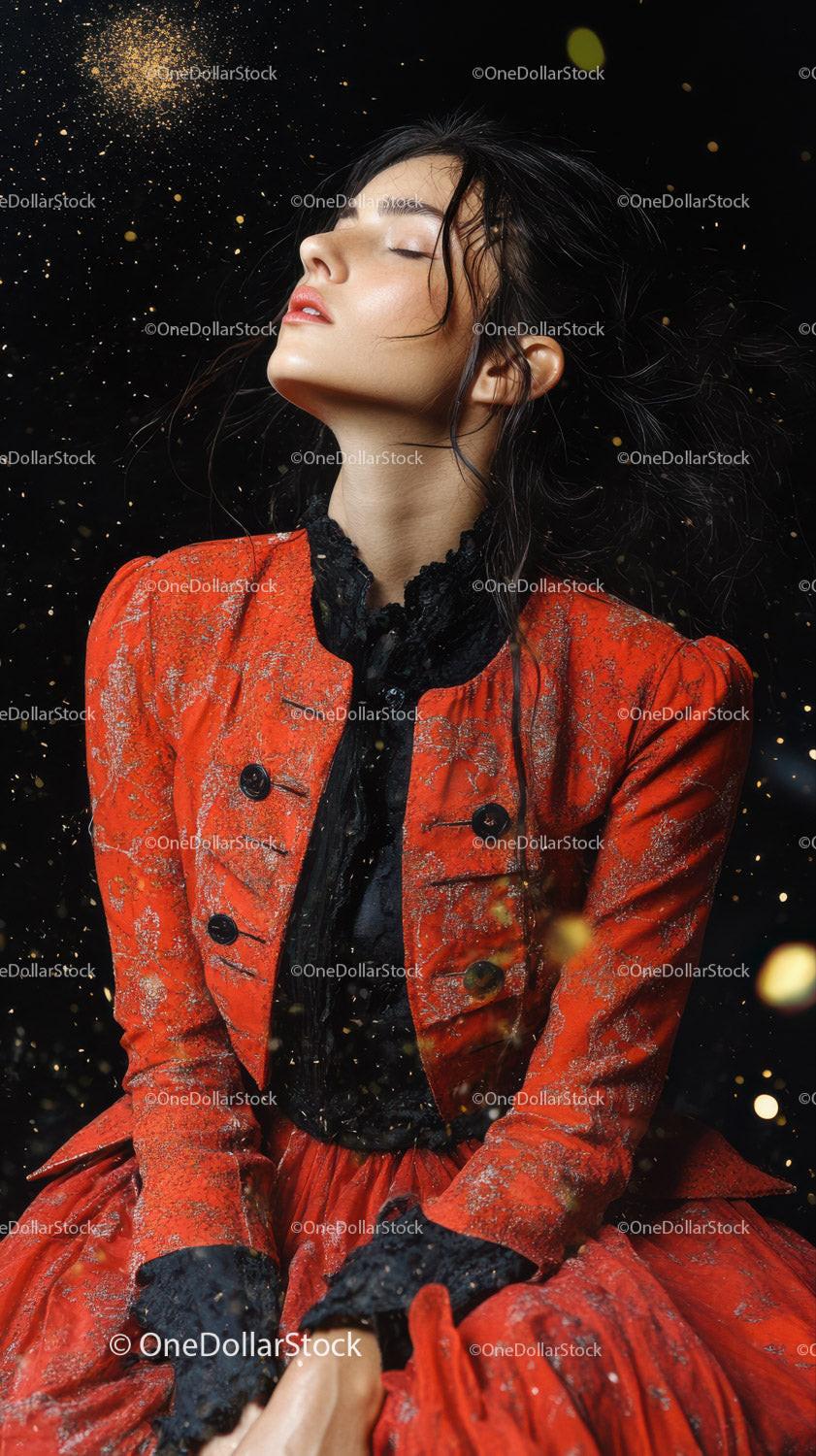 Young woman in red vintage dress with black lace and golden particles around