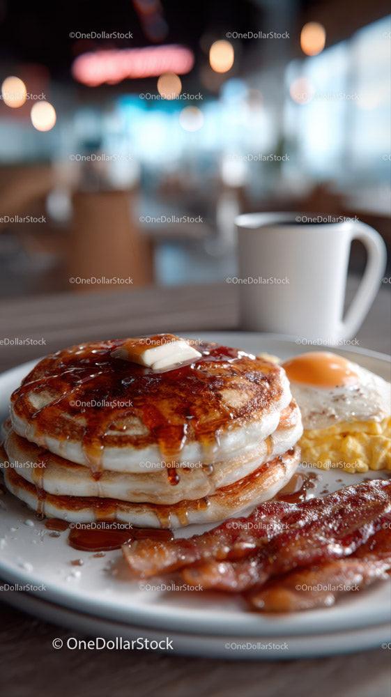 Stack of Fluffy Pancakes with Syrup Bacon and Fried Egg in Cozy Café