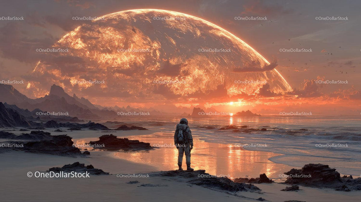 Astronaut Exploring a Surreal Alien Landscape with a Giant Orange Planet Stock Photo Bundle preview 24