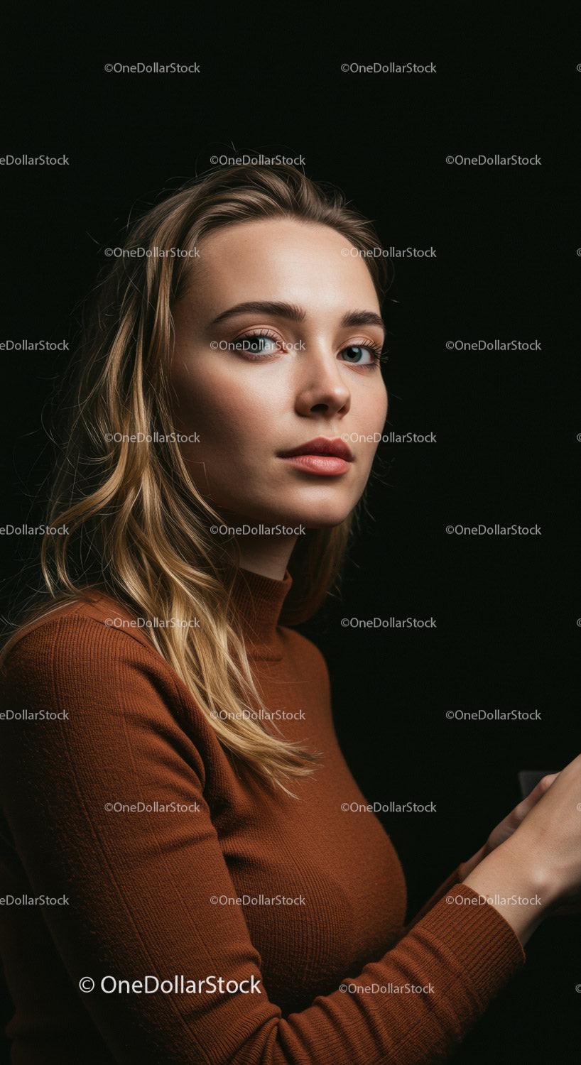 Elegant Young Woman Portrait in Warm Sweater with Dark Background