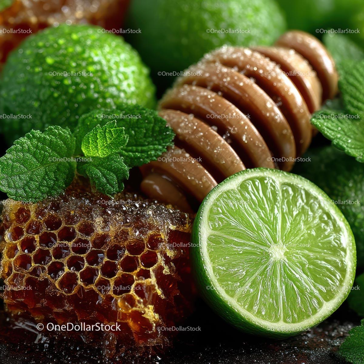 stock photo bundle made with Fresh Limes, Mint Leaves and Honeycomb for Delicious Recipes Stock Photo Bundle