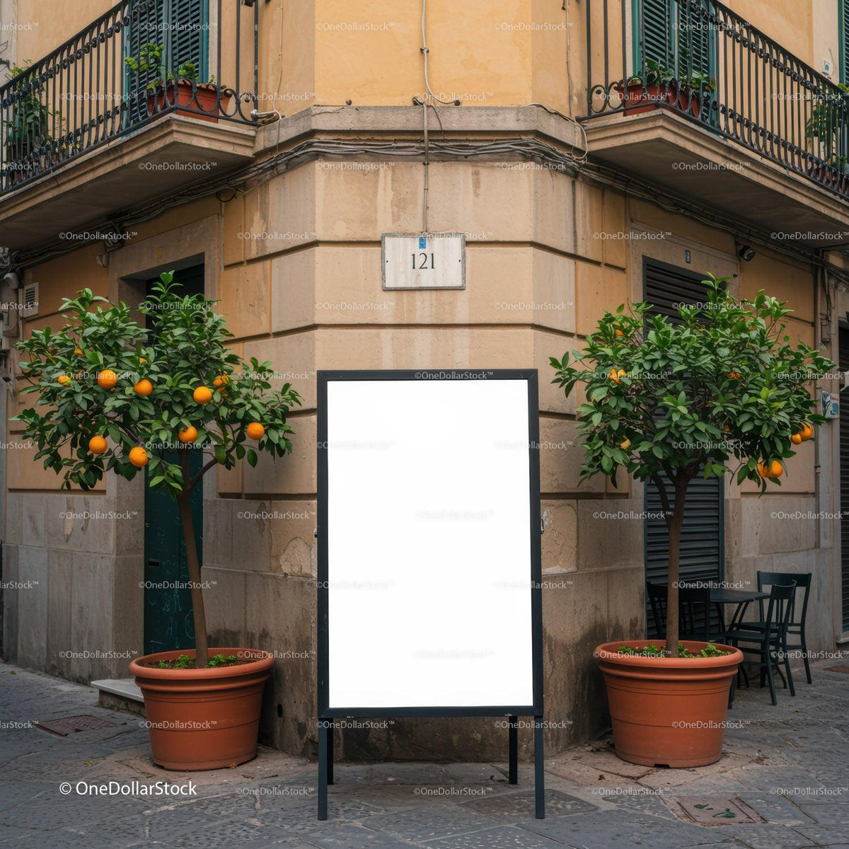 Empty sidewalk sign between orange trees in urban street JPG Mockup Image preview