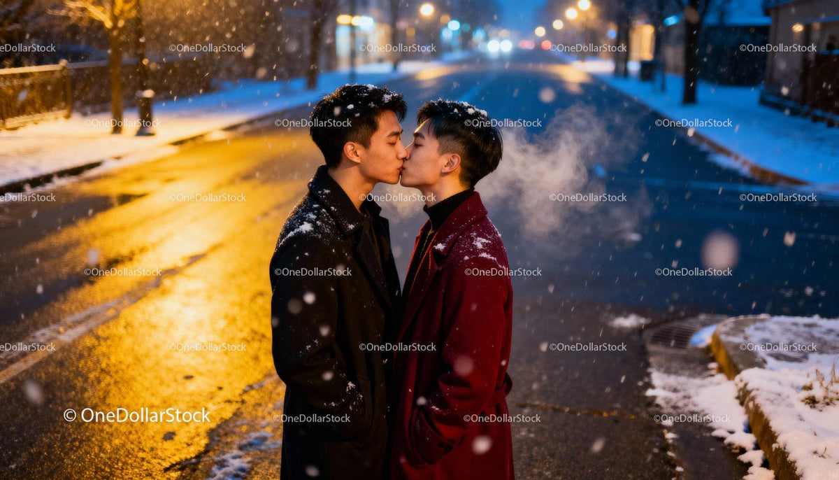 Young LGBTQ couple sharing a winter kiss outdoors