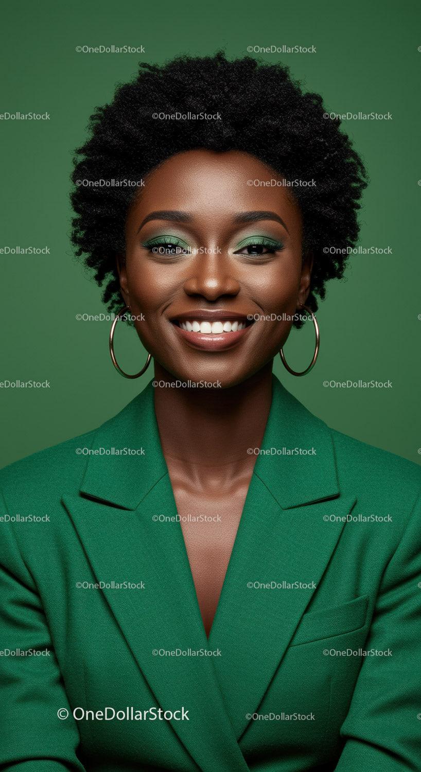 Elegant African Woman in Green Suit with Bright Smile and Natural Hair