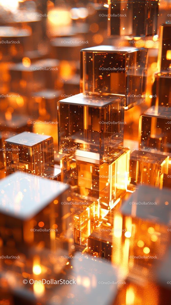 Abstract Geometric Glass Cube Sculpture with Warm Lighting