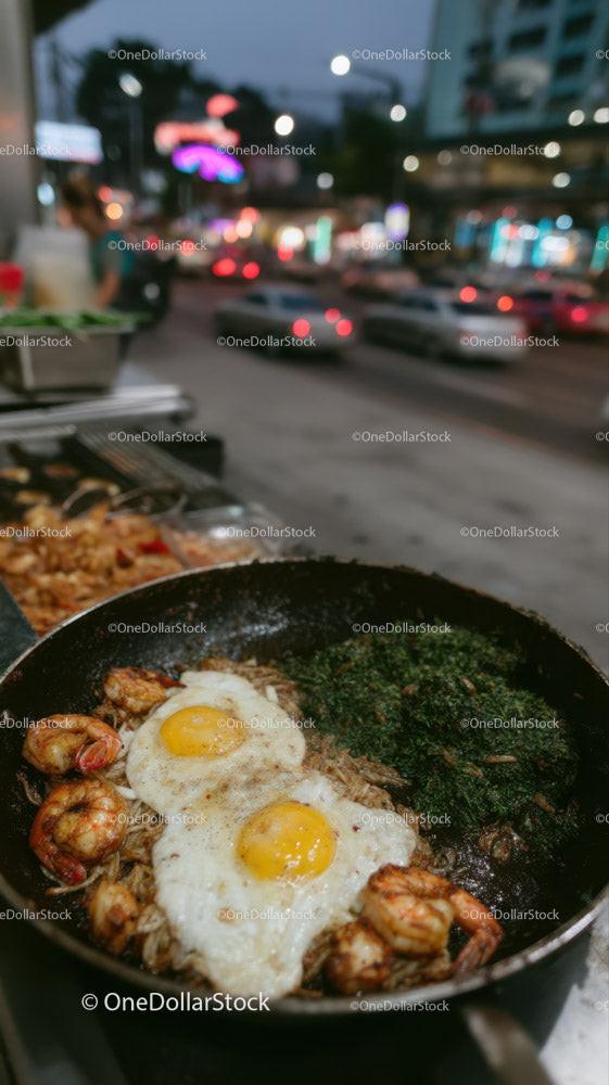 Street Food Scene with Seafood and Eggs at Night in Vibrant City