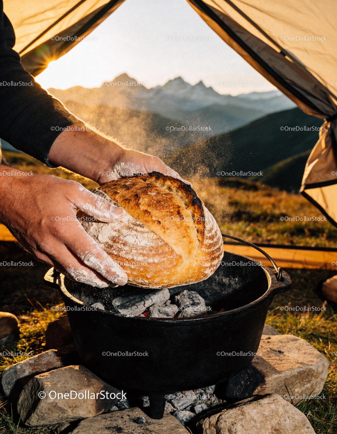 Freshly Baked Bread Near Campfire in Mountain Landscape