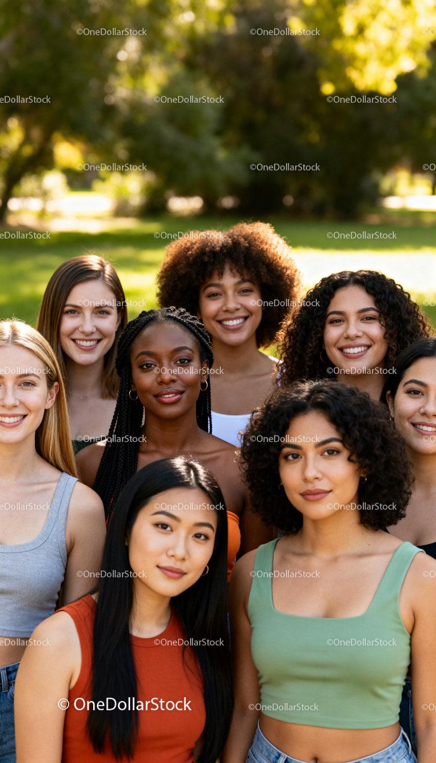 Diverse young women smiling outdoors in casual clothes