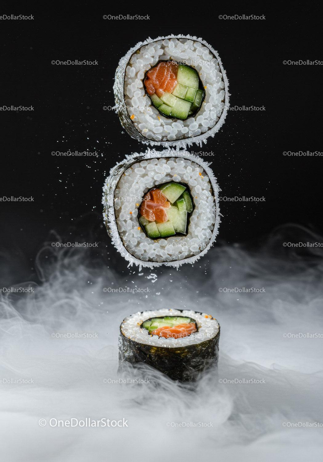 Floating sushi rolls with cucumber and salmon on dark background
