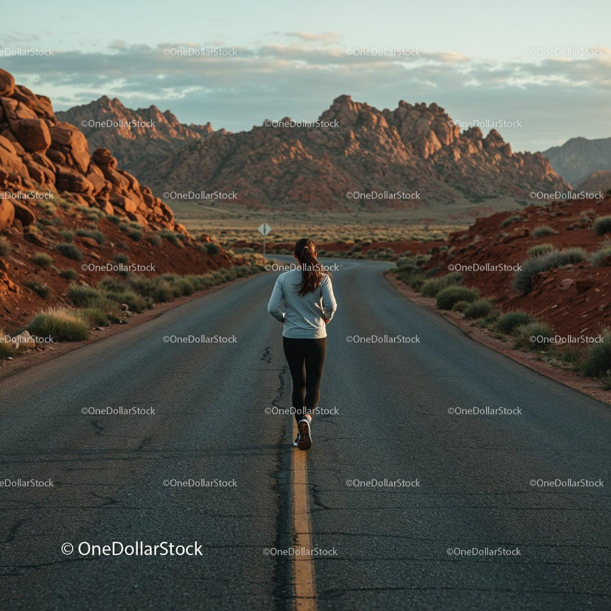 Runner on Remote Road Surrounded by Rocky Desert Landscape