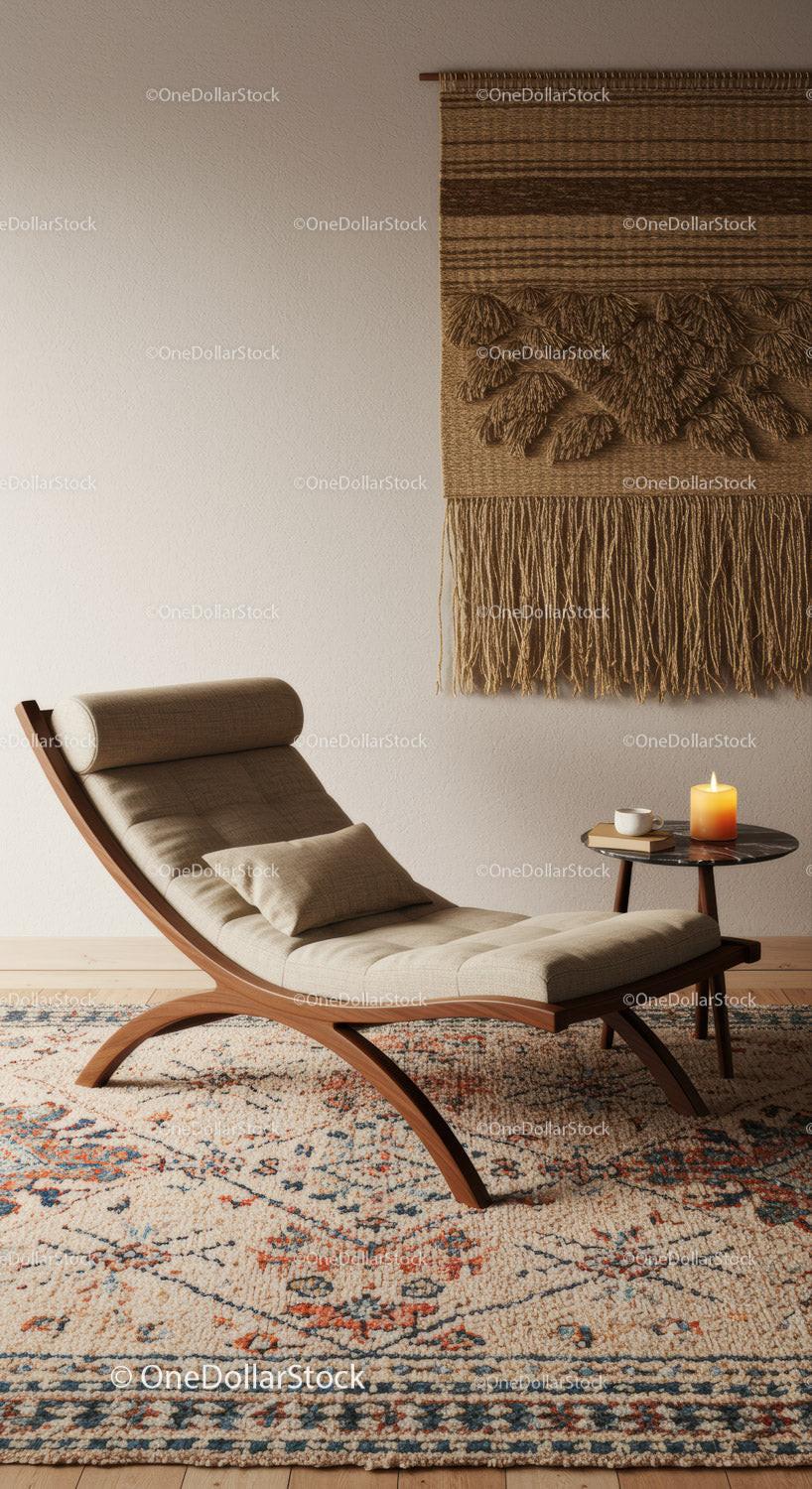 Cozy lounge chair with candle and cup on side table
