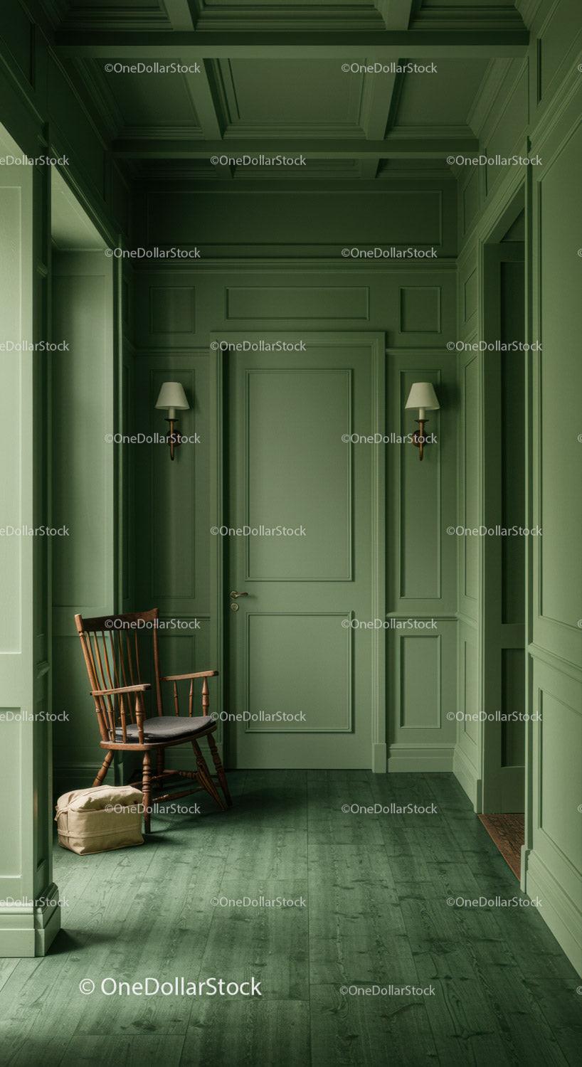 Elegant Green Walled Interior with Wooden Chair and Wainscoting