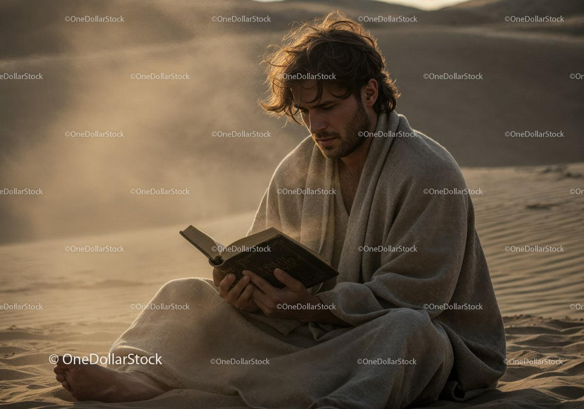 Man in Casual Clothing Reading Book in Desert During Dust Storm Stock Photo Bundle preview 8