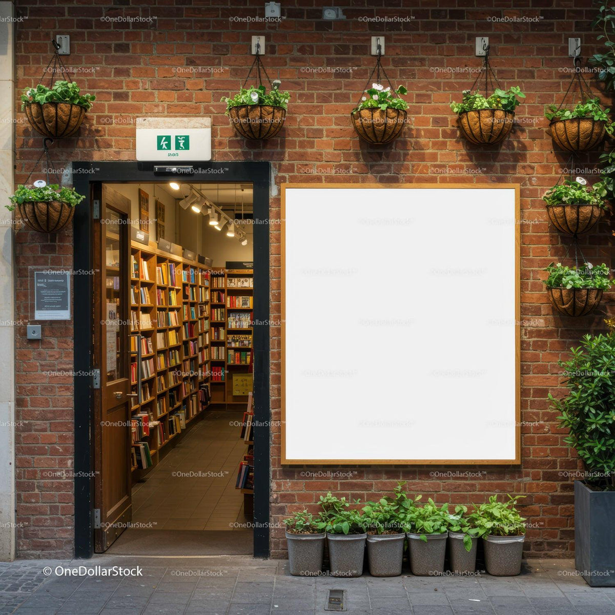 Cozy bookstore entrance with hanging plants and blank sign JPG Mockup Image preview