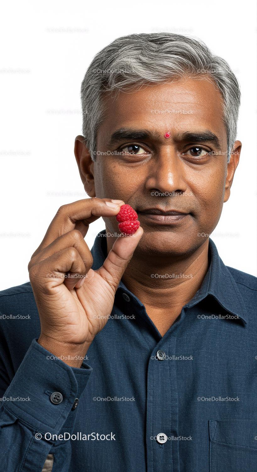 Middle-aged Man Holding Raspberries for Healthy Lifestyle Concept