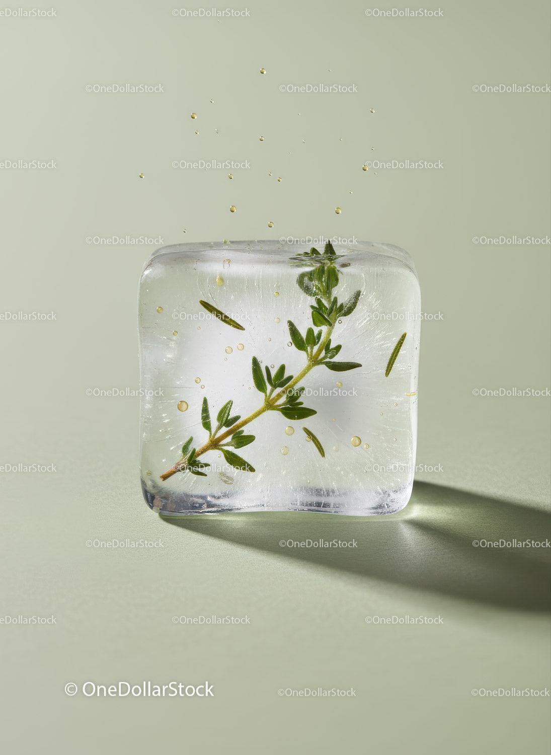 Fresh Herb Encased in Clear Ice Cube on Soft Background