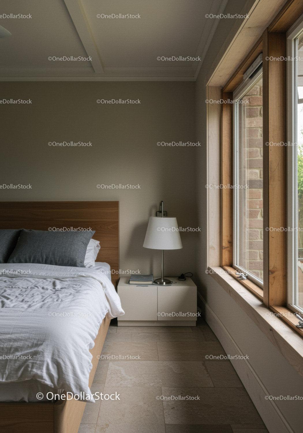 Sunlit Bedroom with Wooden Window Frame and Modern Bedding