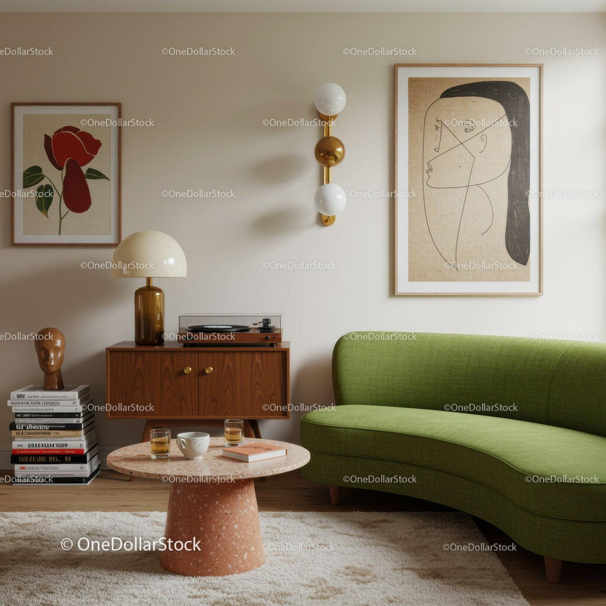 Cozy living room with retro furniture and green sofa