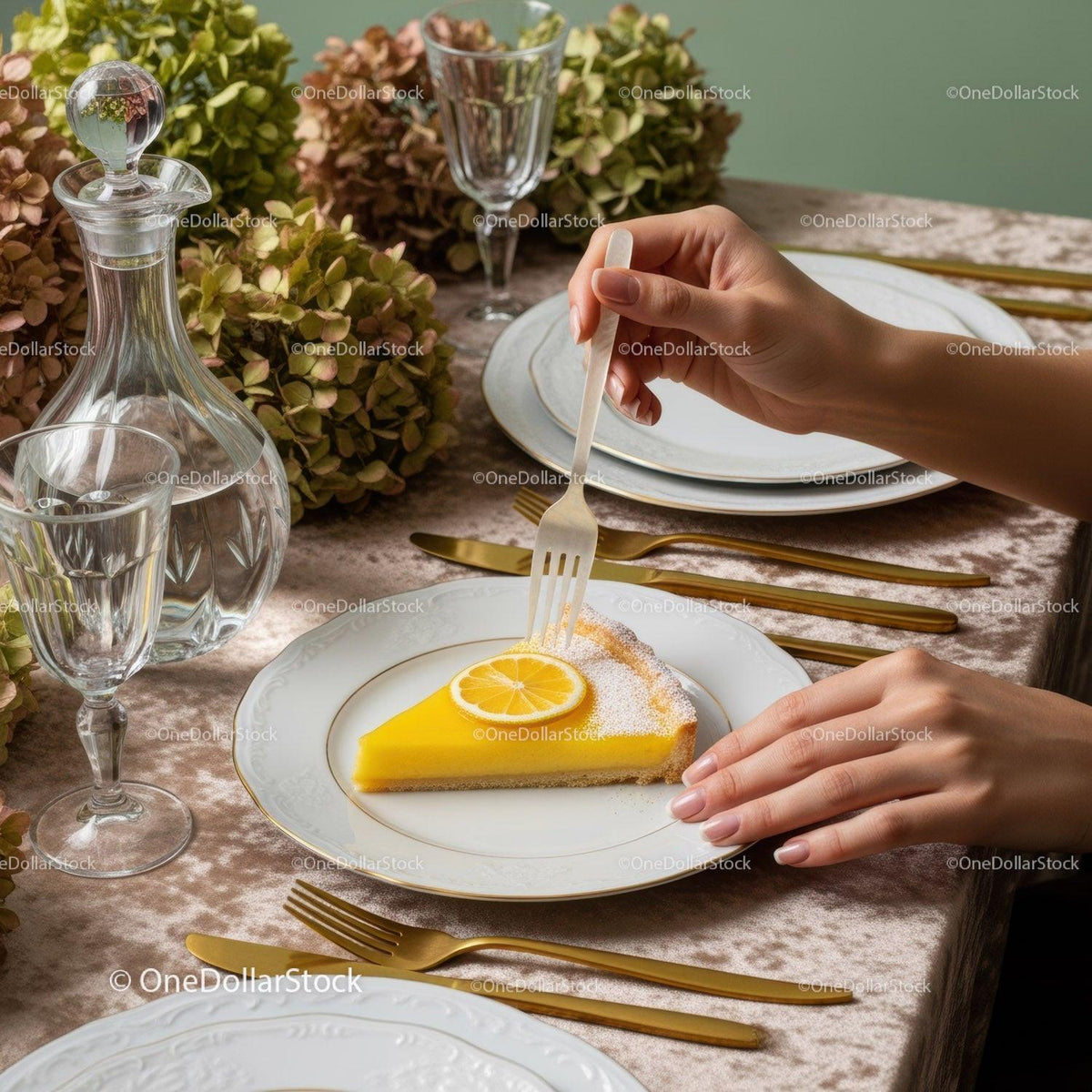 Elegant Lemon Cake with Floral Centerpiece and Gold Cutlery