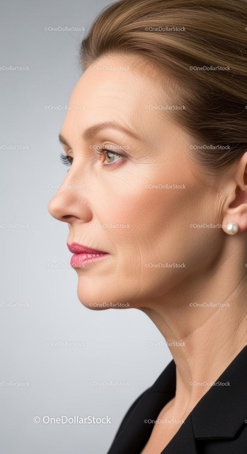 Elegant Woman with Flawless Skin and Brown Hair in Professional Attire