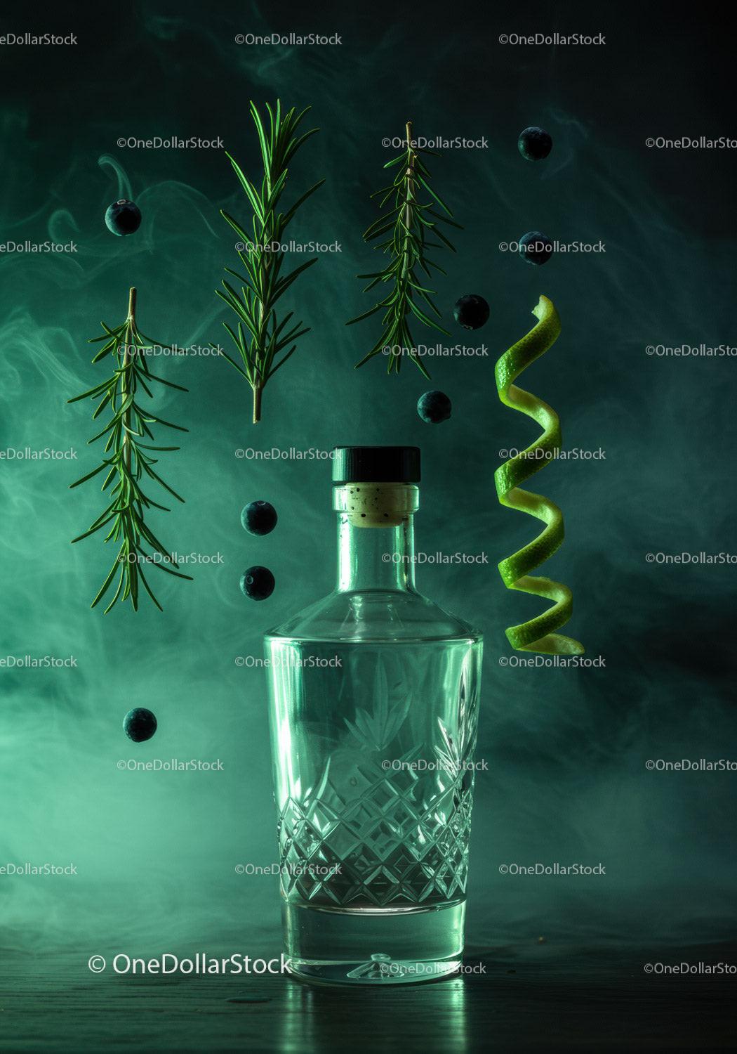 Crystal Bottle Surrounded by Herbs and Citrus Peel Twist