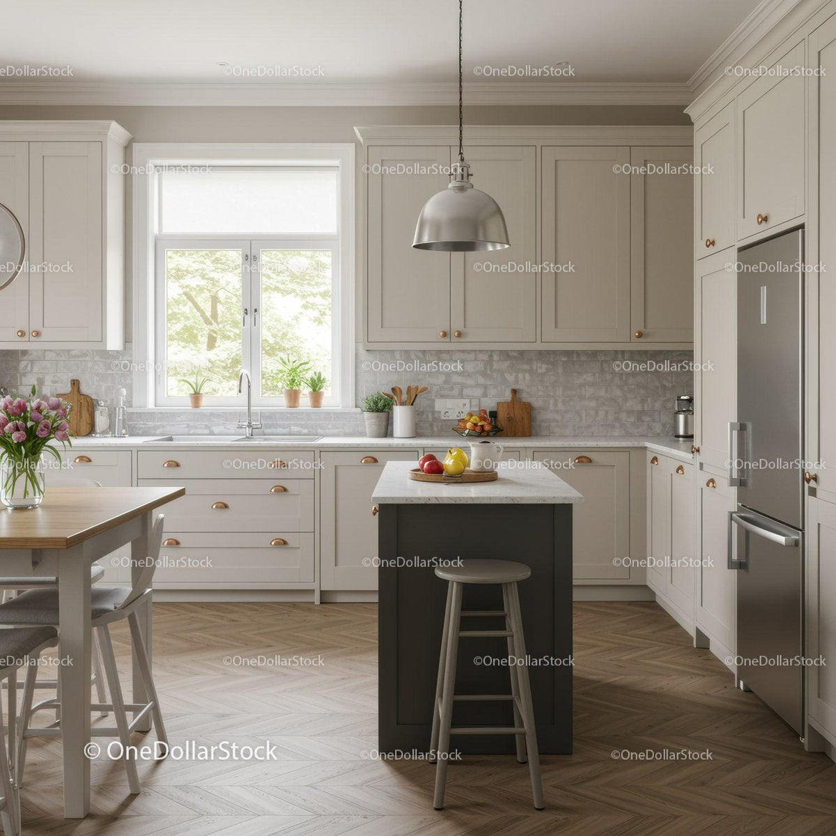 Bright Modern Kitchen with White Cabinets and Wooden Flooring