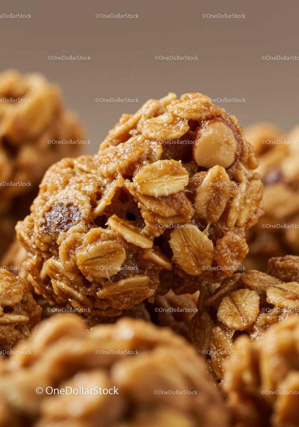 Closeup of crunchy granola clusters with nuts and oats