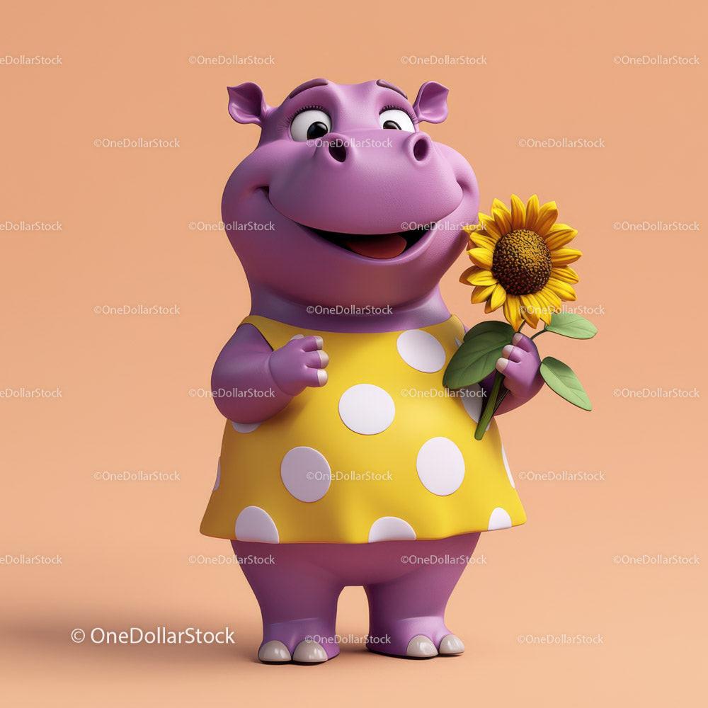 Cute Cartoon Hippo Holding Sunflower in Yellow Dress for Kids Illustration Stock Photo Bundle preview 5