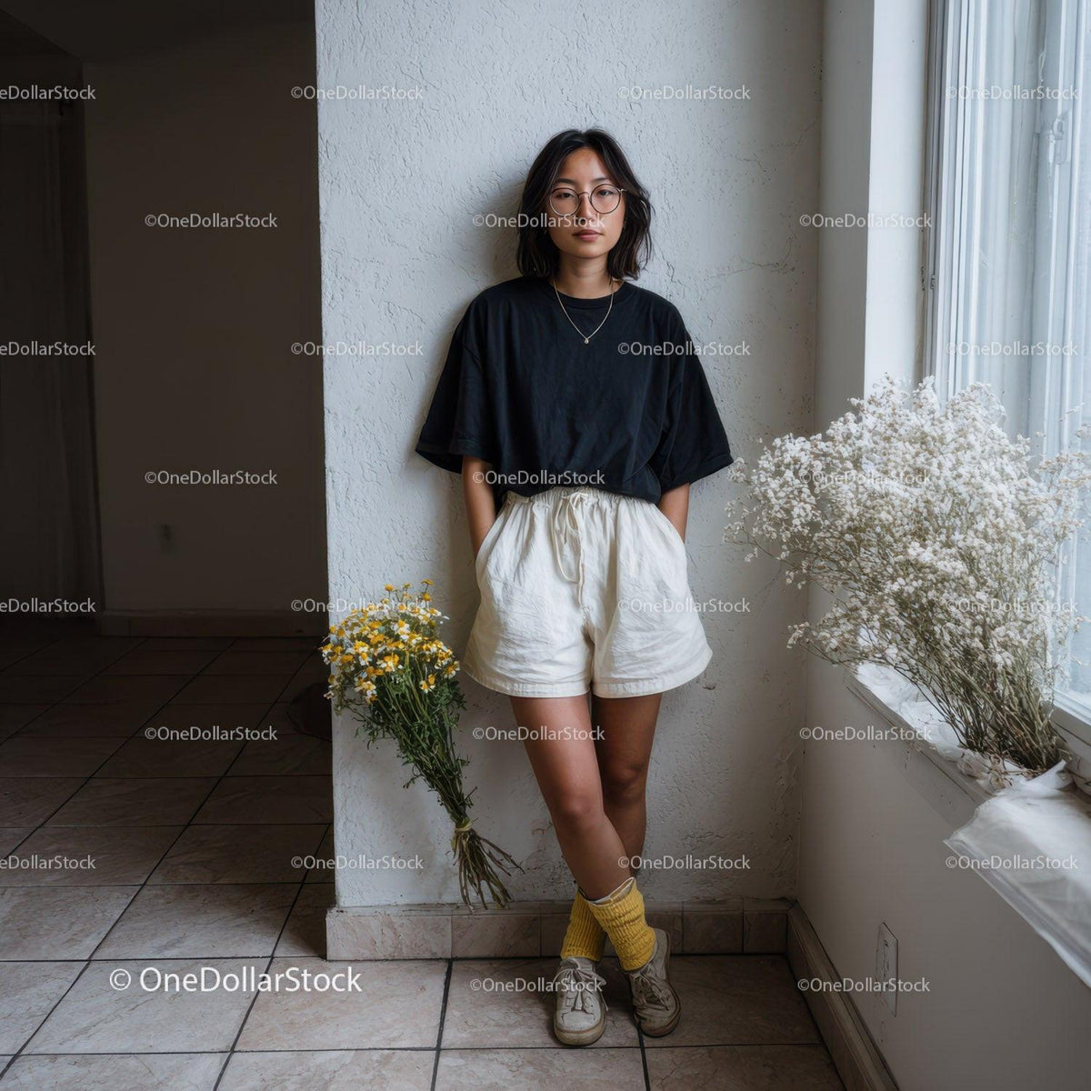 Casual Fashionable Woman with Flowers Indoor Natural Light