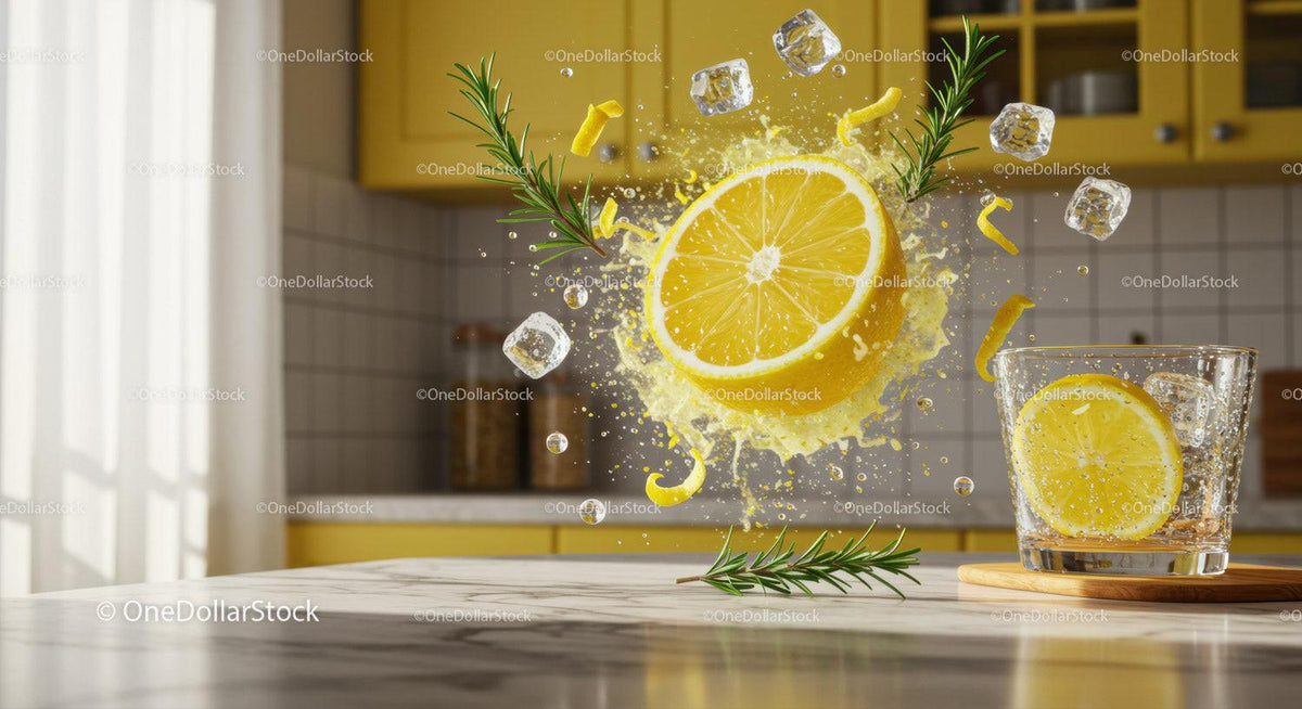 Fresh Lemon Splash with Ice and Rosemary in Kitchen