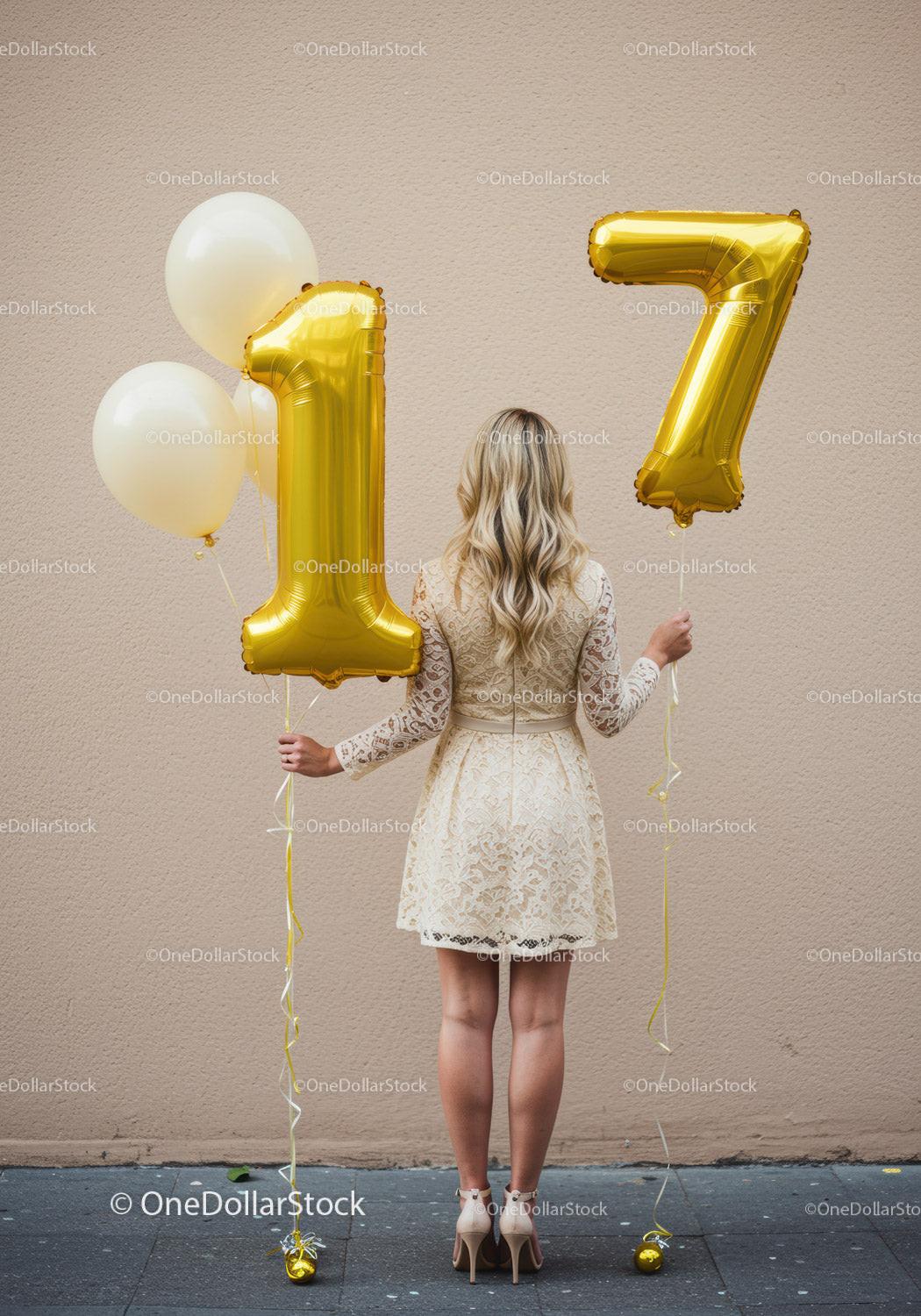 Woman celebrating seventeenth birthday with gold balloons